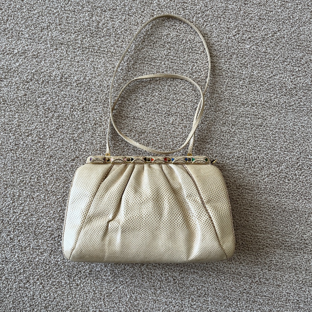 Gorgeous, vintage lizard Judith Lieberman evening bag with jeweled trim